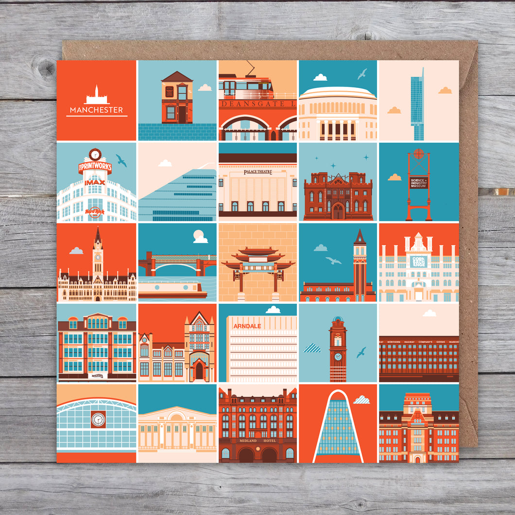 Manchester Landmark Greetings card (red, blue and cream)