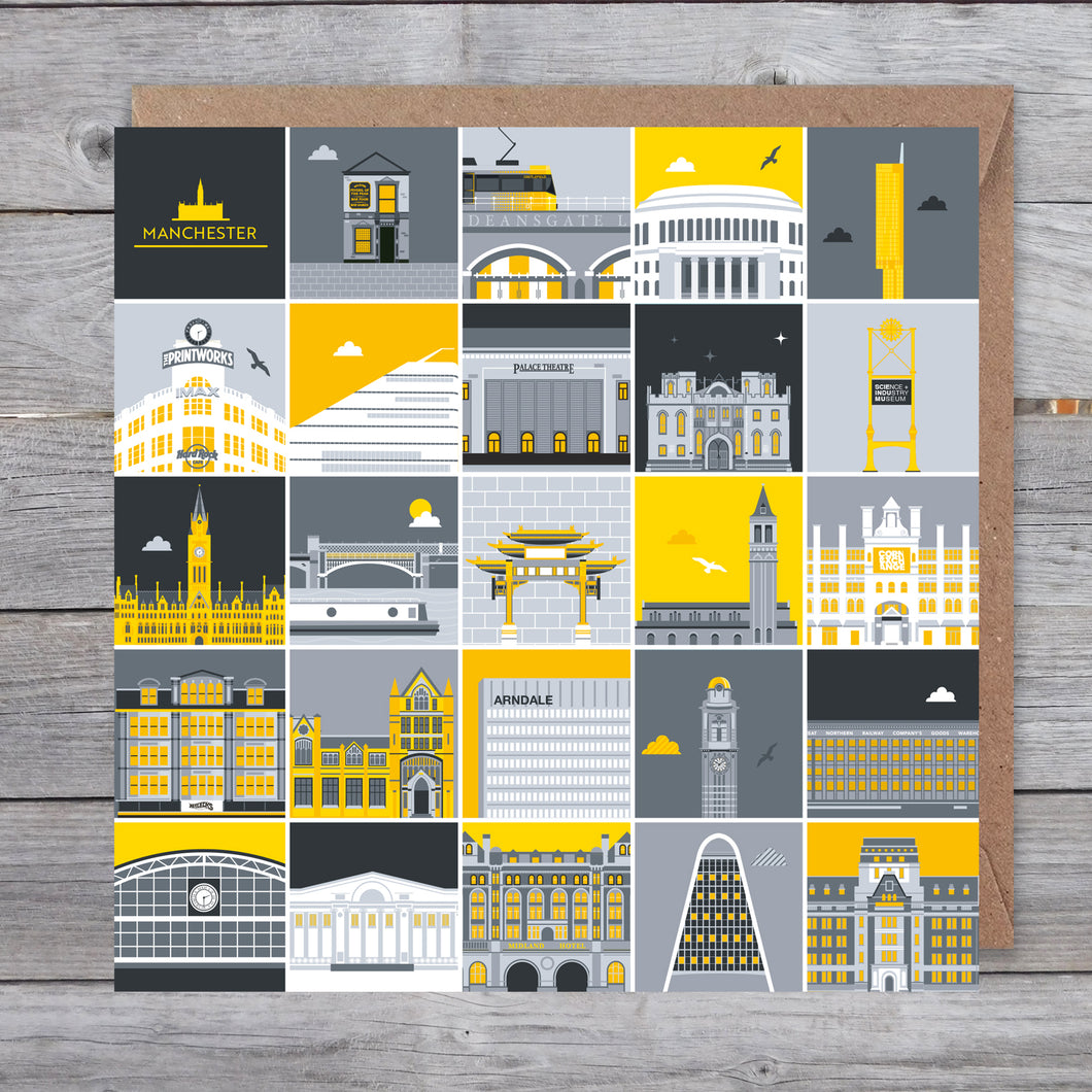 Manchester Landmark Greetings card (yellow and grey)