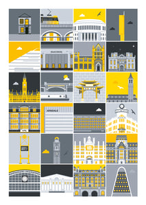 Manchester landmark print (Grey and Yellow version)