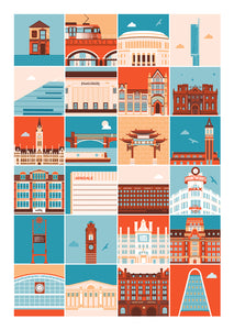 Manchester landmark print (Red, Blue and cream version)